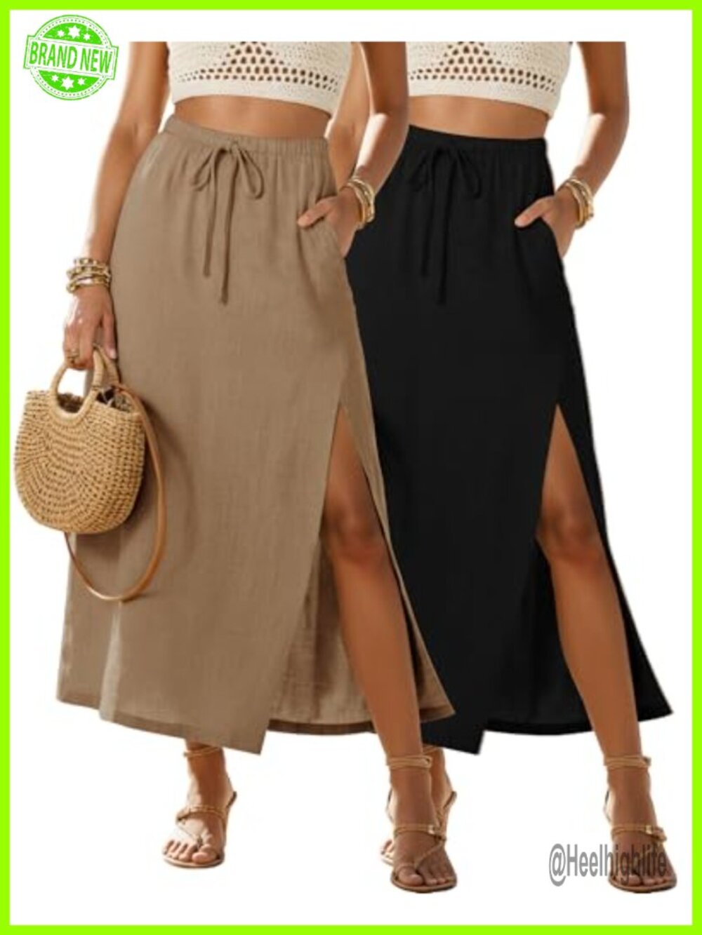 Linen Cotton Maxi Skirt Set 2 Pack Side Slit Drawstring Waist Pockets
